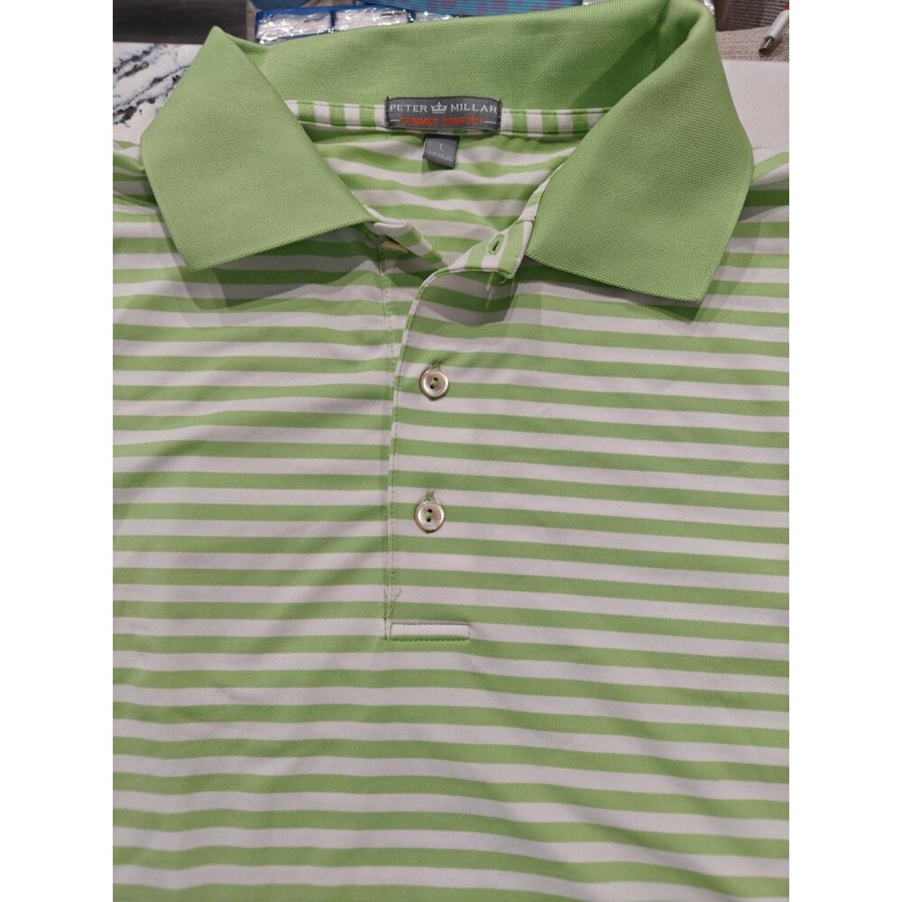Peter Millar Summer Comfort Men’s Large White Green Striped Polo Golf Casual